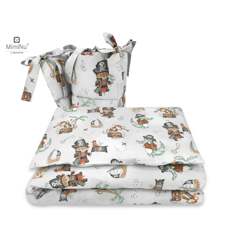 Miminu - lenjerie patut 3 piese, cu protectie laterala, din bumbac certificat oeko tex standard 100, pentru patut 120x60 cm, design, pirates natural