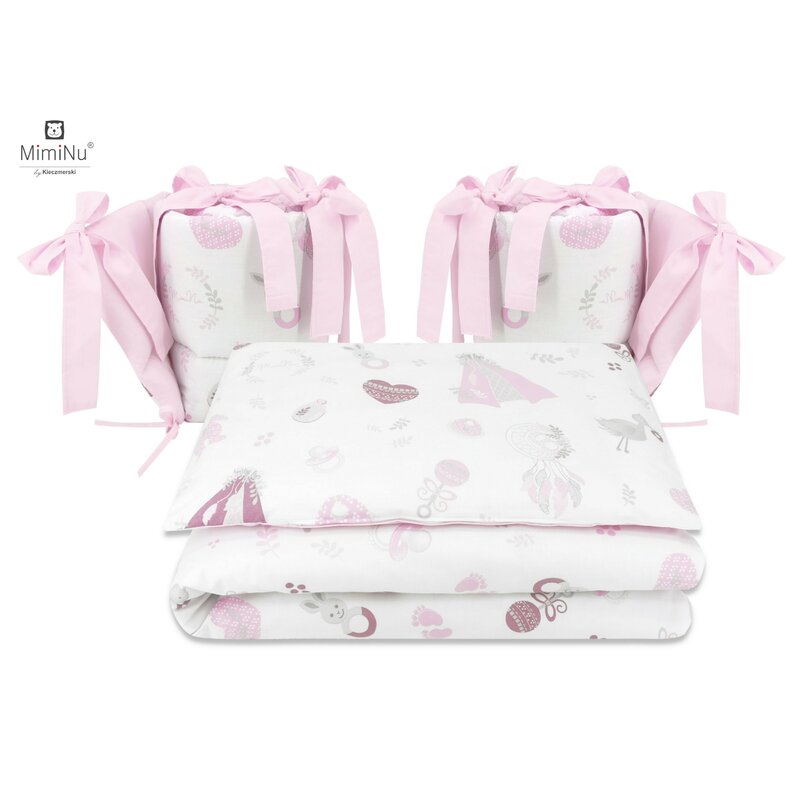 MimiNu - Lenjerie patut cu 4 piese, Cu doua protectii laterale, Din bumbac certificat Oeko Tex Standard 100, Pentru patut 120x60 cm, Baby Shower Pink