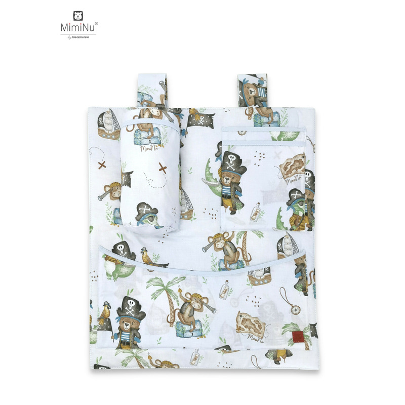 Miminu - organizator pentru patut si leagan, din bumbac certificat oeko tex standard 100, cu 3 compartimente, 53x46 cm, design, pirates blue
