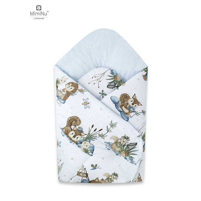 Miminu - paturica de infasat cu doua fete, cu multiple utilizari, cu inchidere arici velcro, dimensiune 75x75 cm, din bumbac certificat oeko tex standard 100, design, let\'s go blue