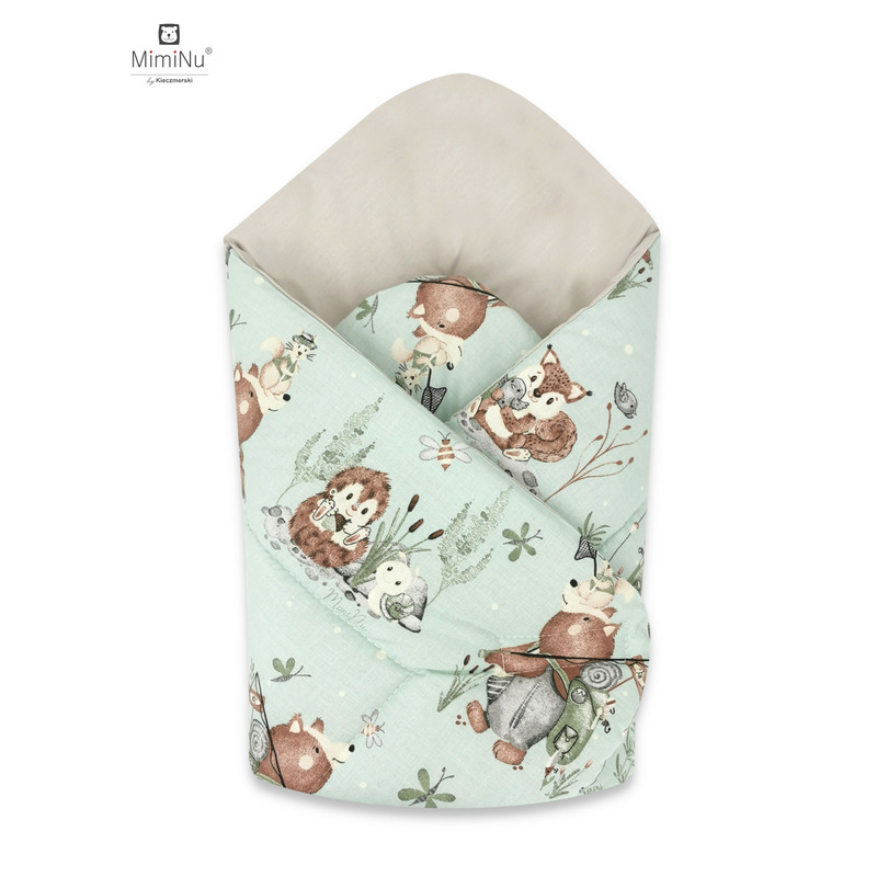 Miminu - paturica de infasat cu doua fete, cu multiple utilizari, cu inchidere arici velcro, dimensiune 75x75 cm, din bumbac certificat oeko tex standard 100, design, let\'s go natural