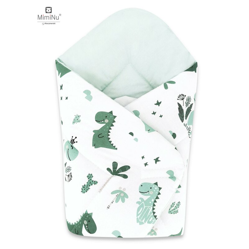 Miminu - paturica de infasat cu doua fete, cu multiple utilizari, cu inchidere arici velcro, dimensiune 75x75 cm, din bumbac certificat oeko tex standard 100, dino mint