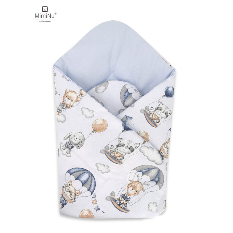 Miminu - paturica de infasat cu doua fete, cu multiple utilizari, cu inchidere arici velcro, dimensiune 75x75 cm, din bumbac certificat oeko tex standard 100, parachutes blue