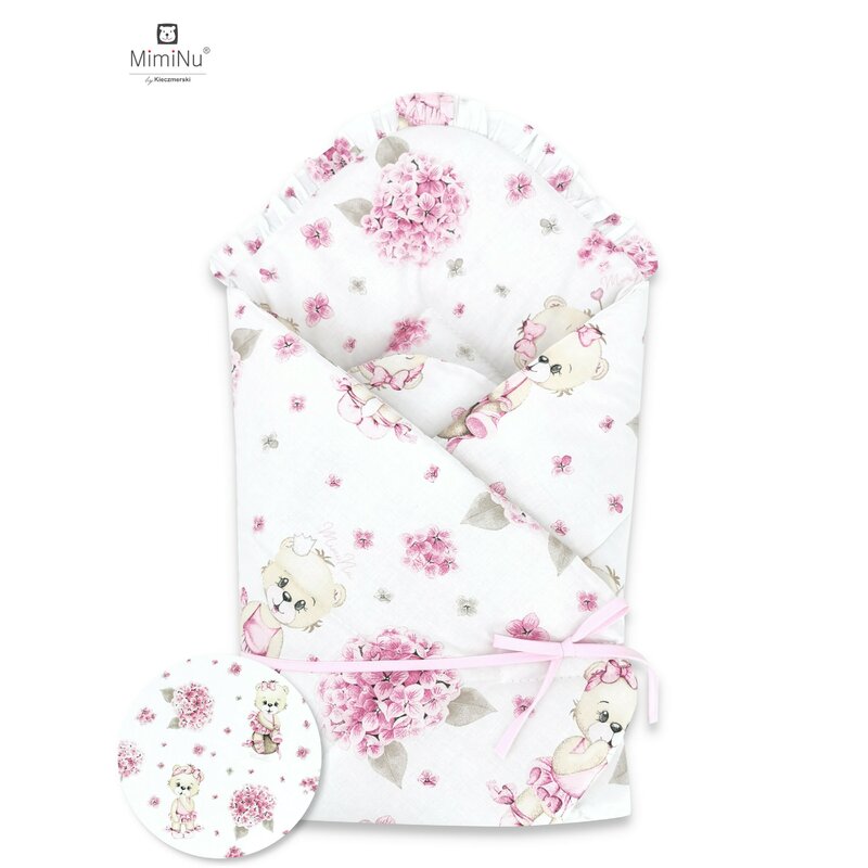 Miminu - paturica de infasat, cu volanas si panglica, cu multiple utilizari, cu inchidere arici velcro, dimensiune 75x75 cm, din bumbac certificat oeko tex standard 100, design, pink ballerina