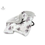 MimiNu - Paturica calduroasa de infasat pentru scoica, scaun auto/carucior, Cu gluga si urechi, Cu sistem de prindere pe baza de velcro, Dimensiune 90x90 cm, Din tesatura pufoasa Minky + Bumbac, Materiale certificate Oeko Tex Standard 100, Peonie Plum