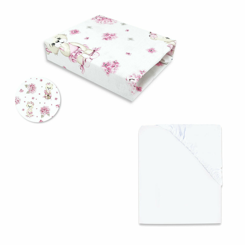 Miminu - set 2 cearceafuri cu elastic, din bumbac certificat oeko tex standard 100, pentru patut 120x60 cm, white + design pink ballerina