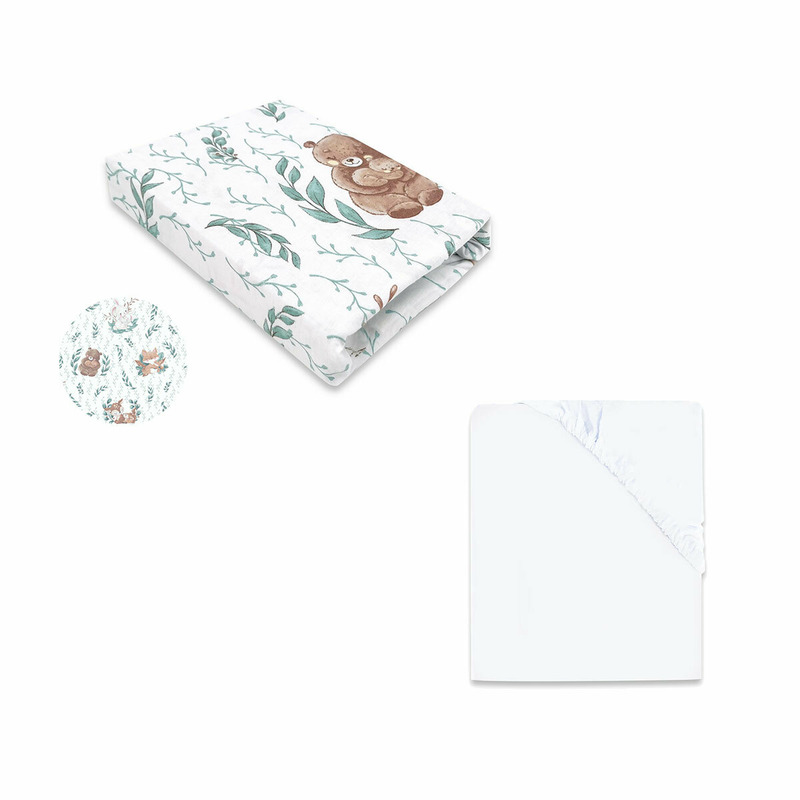 Miminu - set 2 cearceafuri cu elastic, din bumbac certificat oeko tex standard 100, pentru patut 120x60 cm, white + lulu natural
