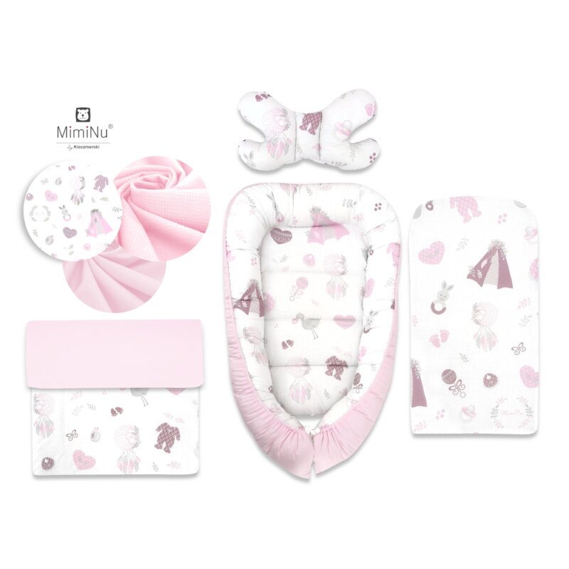 MimiNu - Set 4 in 1 Cosulet bebelus Baby Cocoon 75x55 cm, Husa 100% bumbac, Din bumbac certificat Oeko Tex Standard 100, Cu paturica cu doua fete 50x70 cm, Cu salteluta 60x32 cm, Cu perna fluture cu doua fete 40x27 cm, Baby Shower Pink