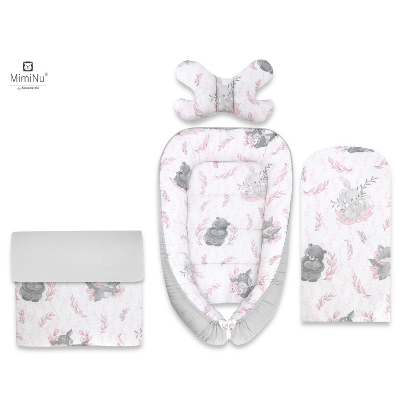 MimiNu - Set 4 in 1 Cosulet bebelus Baby Cocoon 75x55 cm, Husa 100% bumbac, Din bumbac certificat Oeko Tex Standard 100, Cu paturica cu doua fete 50x70 cm, Cu salteluta 60x32 cm, Cu perna fluture cu doua fete 40x27 cm, Lulu Rose