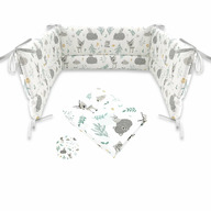 MimiNu - Set cearceaf cu elastic pentru patut 120x60 cm + aparatoare patut cu panglici, Din bumbac certificat Oeko Tex Standard 100, Cu inaltimea de 30 cm, Forest friends Mint