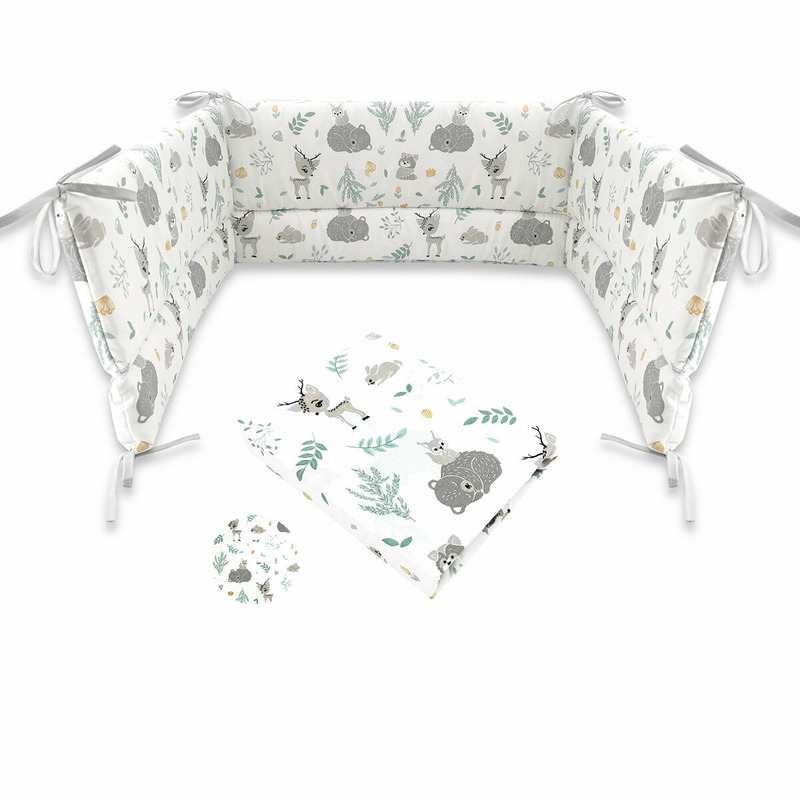 Miminu - set cearceaf cu elastic pentru patut 120x60 cm + aparatoare patut cu panglici, din bumbac certificat oeko tex standard 100, cu inaltimea de 30 cm, forest friends mint