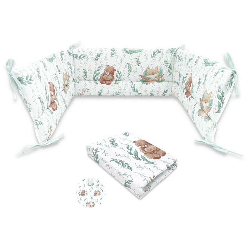 Miminu - set cearceaf cu elastic pentru patut 120x60 cm + aparatoare patut cu panglici, din bumbac certificat oeko tex standard 100, cu inaltimea de 30 cm, lulu natural