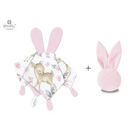 MimiNu - Set jucarie de plus cu urechi si labute din catifea si bumbac + Jucarie zornaitoare Mini Bunny din catifea matlasata, Materiale certificat Oeko Tex Standard 100, Sweet Deer Pink/Pink