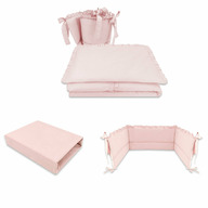 MimiNu - Set lenjerie 3 piese cu volanase + aparatoare patut + cearceaf patut  120x60 cm, Din bumbac certificat Oeko Tex Standard 100, Colectia Royal, Powder Pink