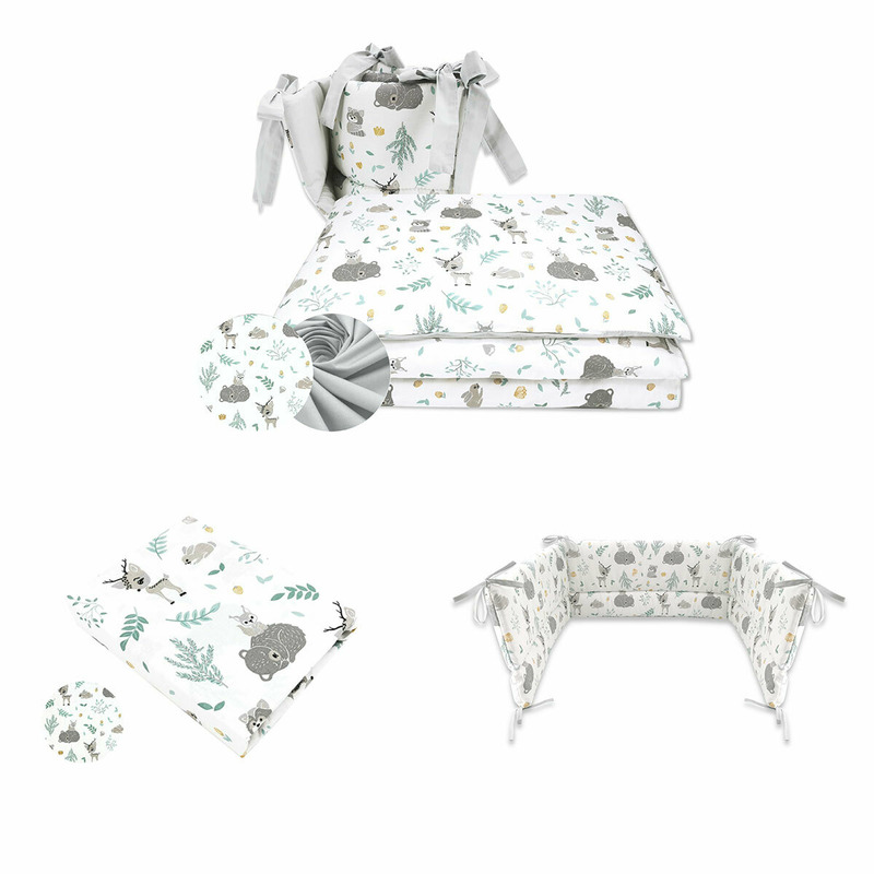Miminu - set lenjerie 3 piese + aparatoare patut + cearceaf patut 120x60 cm, din bumbac certificat oeko tex standard 100, forest friends mint