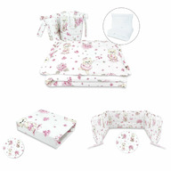 MimiNu - Set lenjerie 5 piese cu pilota si perna, Cu volanase + aparatoare patut + cearceaf patut  120x60 cm, Din bumbac certificat Oeko Tex Standard 100, Design, Pink Ballerina