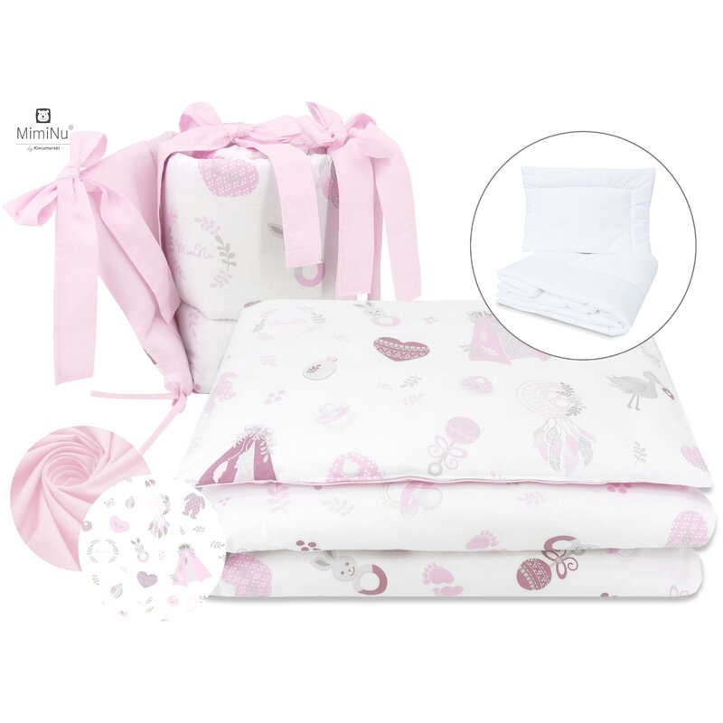 MimiNu - Set lenjerie patut 5 piese, Cu pilota si perna, Din bumbac certificat Oeko Tex Standard 100, Pentru patut 120x60 cm, Baby Shower Pink