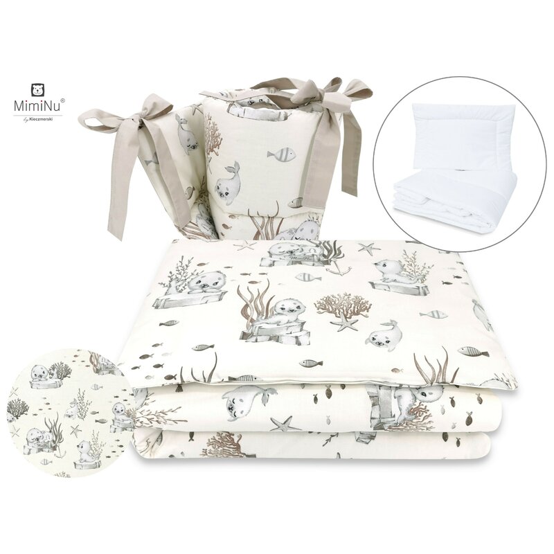 Miminu - set lenjerie patut 5 piese, cu pilota si perna, din bumbac certificat oeko tex standard 100, pentru patut 120x60 cm, design, seal beige