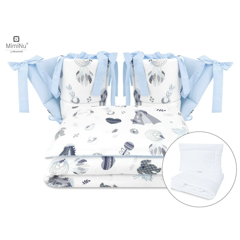 MimiNu - Set lenjerie patut cu 6 piese, Cu pilota si perna, Cu doua aparatori laterale, Din bumbac certificat Oeko Tex Standard 100, Pentru patut 120x60 cm, Baby Shower Blue