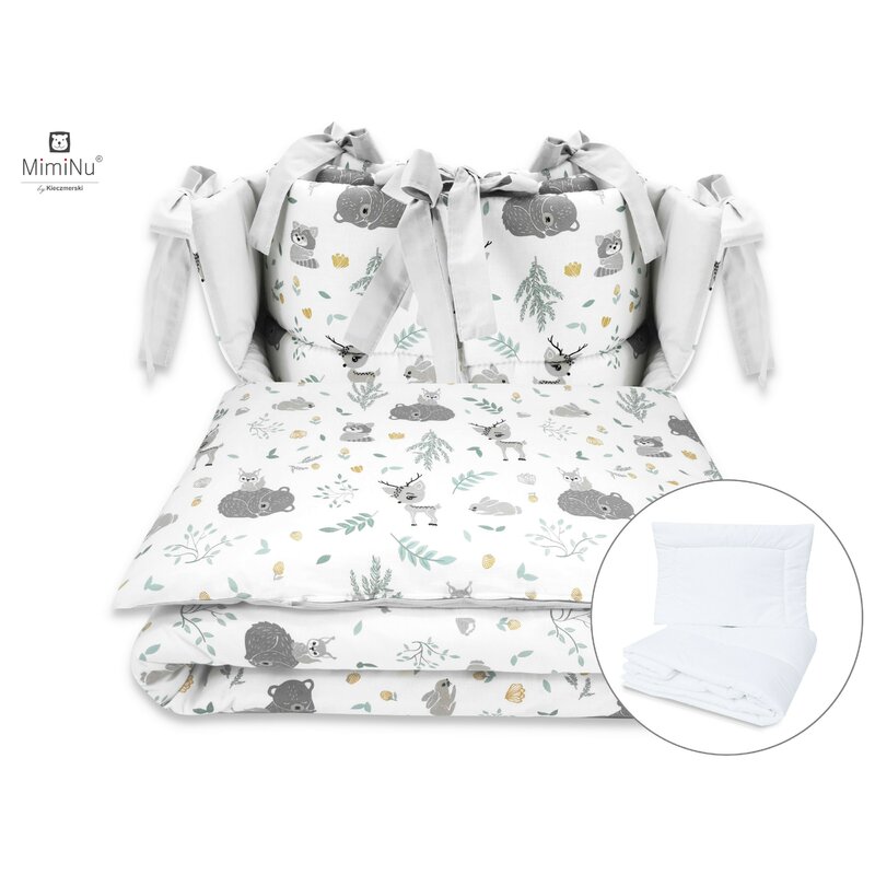 Miminu - set lenjerie patut cu 6 piese, cu pilota si perna, cu doua aparatori laterale, din bumbac, pentru patut 120x60 cm, forest friends mint