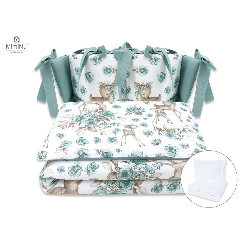 MimiNu - Set lenjerie patut cu 6 piese, Cu pilota si perna, Cu doua aparatori laterale, Din bumbac certificat Oeko Tex Standard 100, Pentru patut 120x60 cm, Sweet Deer Mint