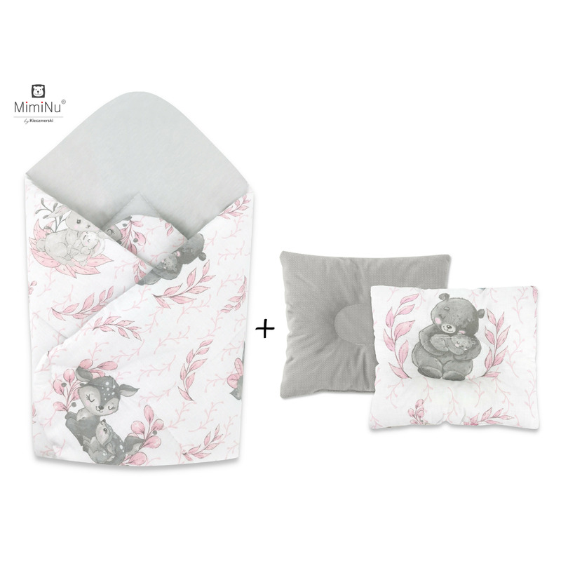 MimiNu - Set paturica de infasat cu doua fete, Dimensiune 75x75 cm + Perna bebelusi profilata, Cu doua fete, Cu functie anti-soc, Dimensiune 23x26 cm, Materiale certificate Oeko Tex Standard 100, Lulu Rose