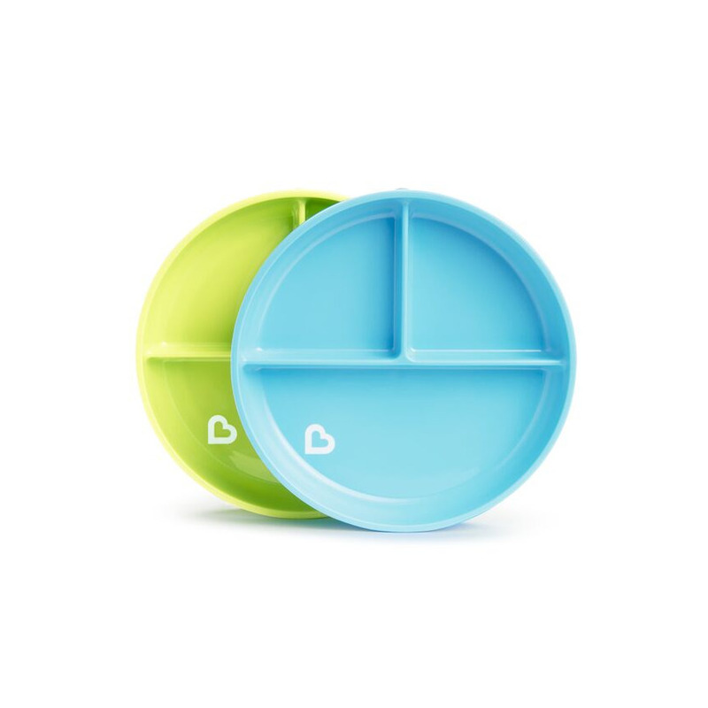 Munchkin farfurie stay put, cu ventuza, compartimentata, set 2 buc., 6l+ blue/green