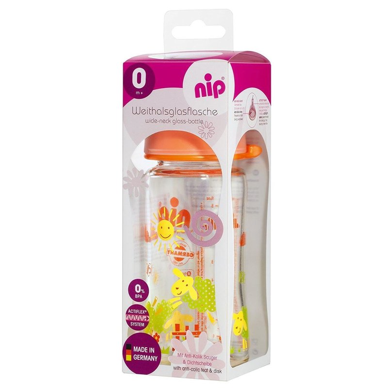 Nip - Biberon sticla cu gat larg, 240 ml, tetina silicon pentru lapte, nr 1, Portocaliu