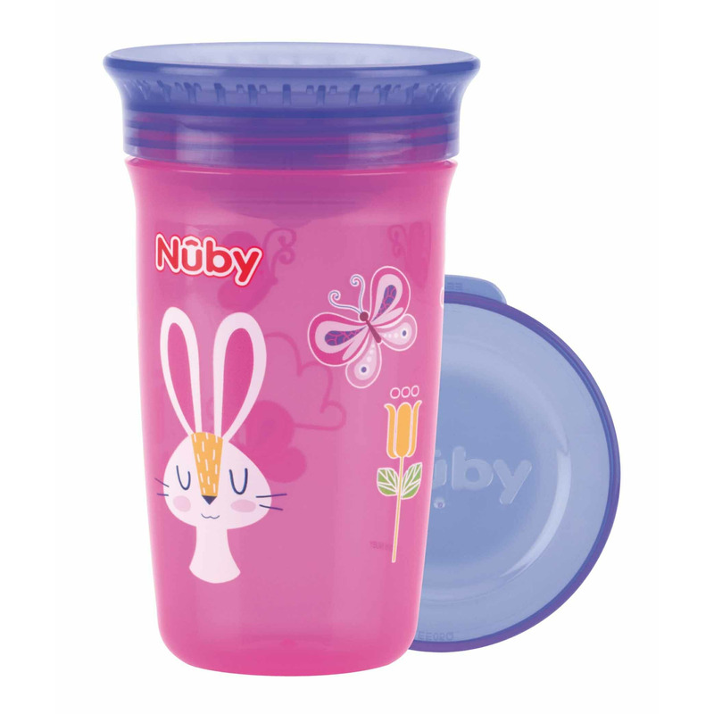 Nuby - Cana magica, 360°, Cu supapa din silicon, Cu capac, 300 ml, 6+ luni, Roz/Mov