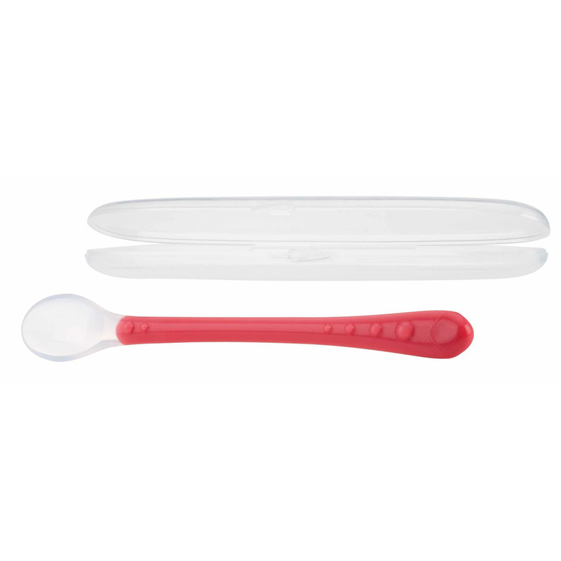 Nuby - lingura din silicon pentru bebelusi, carcasa pentru depozitare, lungime maner 13 cm, 6+ luni, rosu