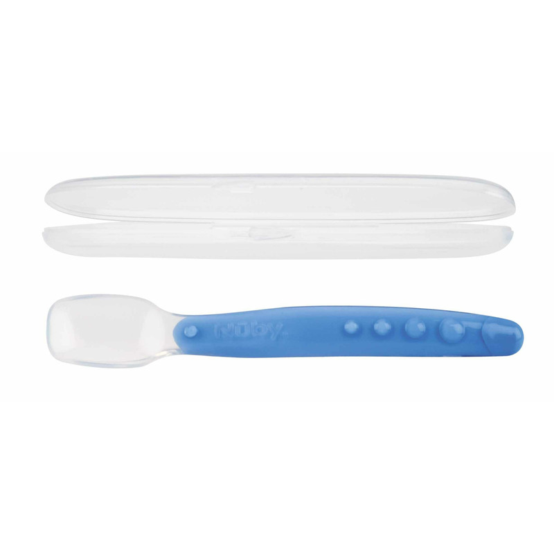 Nuby - lingura din silicon pentru bebelusi, cu maner arcuit, cu carcasa de depozitare, 3+ luni, albastru