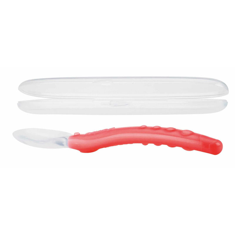 Nuby - lingura din silicon pentru bebelusi, cu maner arcuit, cu carcasa de depozitare, 3+ luni, rosu