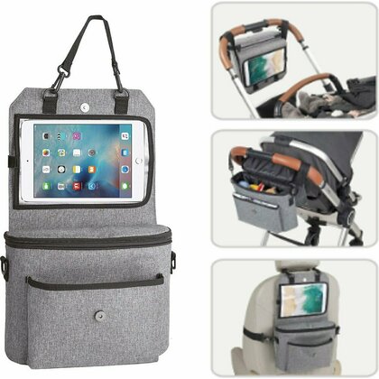Organizator auto si pentru carucior, 3 in 1, Transformabil in gentuta mamici, Cu suport pentru tableta, iPad, Cu  buzunare, FreeON, Grey