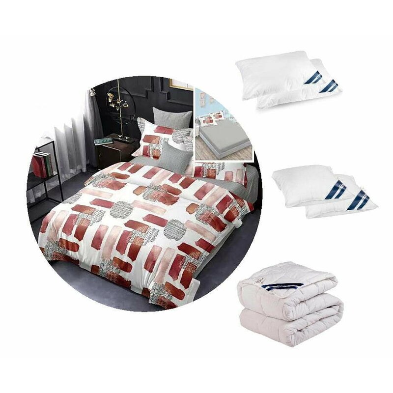 Somnart - PACHET PROMO: 1 Lenjerie de pat finet Extra 6 piese cearceaf pat cu elastic model inseratii + 1 pilota 200x220 + 2 perne 50 x 70 + 2 perne 70x70