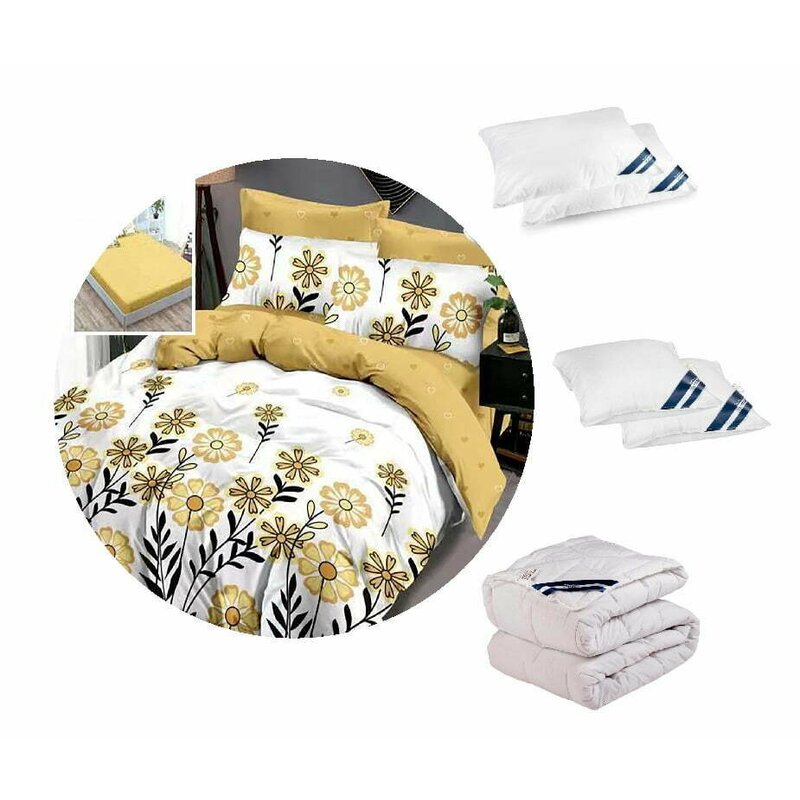 Lenjerie Jacquard 6 Piese 5 Somnart - PACHET PROMO: 1 Lenjerie de pat finet Extra 6 piese cu cearceaf pat cu elastic flori galbene + 1 pilota 200x220 + 2 perne 50x70 + 2 perne 70x70