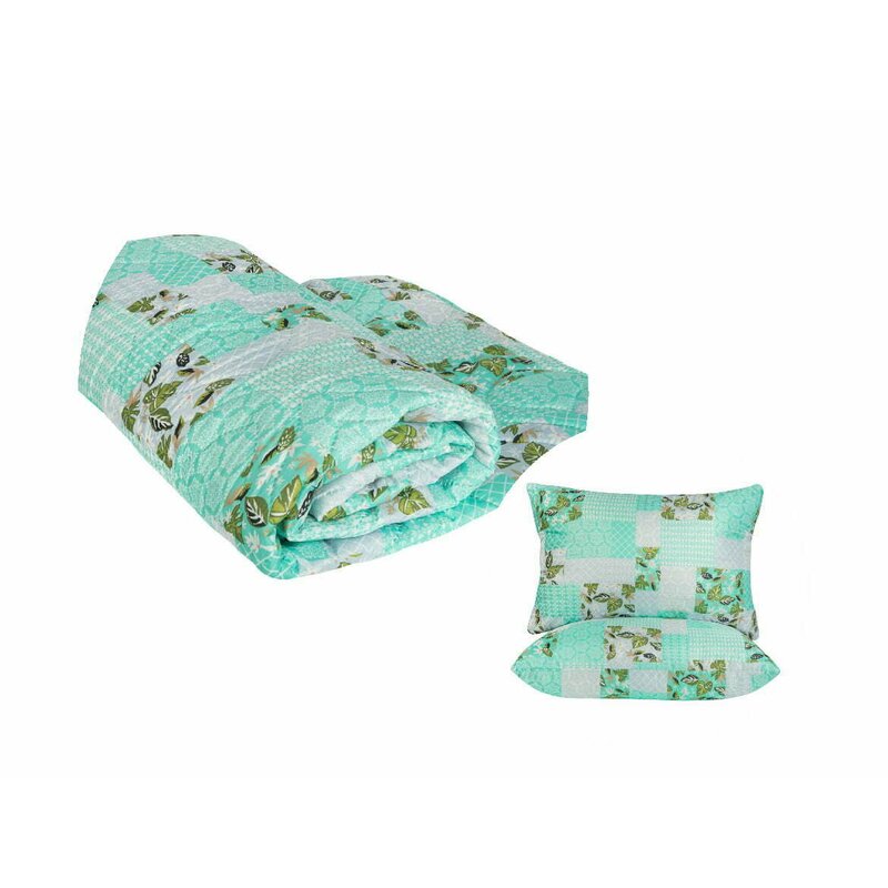 Somnart - pachet promo: 1 pilota matlasata ultrasleep green flowers 180x200 cm + 2 perne microfibra ultrasleep green flowers 50x70 cm