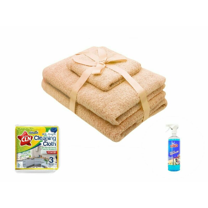 Somnart - pachet promo: 1 set prosoape 3 piese crem + solutie de geamuri 1 kg + set lavete uscate universale