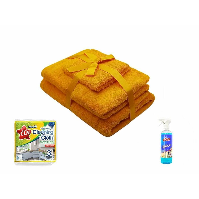 Somnart - pachet promo: 1 set prosoape 3 piese galben + solutie de geamuri 1 kg + set lavete uscate universale