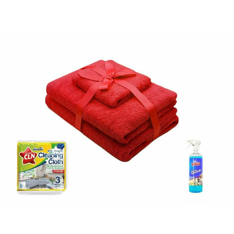 Somnart - pachet promo: 1 set prosoape 3 piese rosu + solutie de geamuri 1 kg + set lavete uscate universale