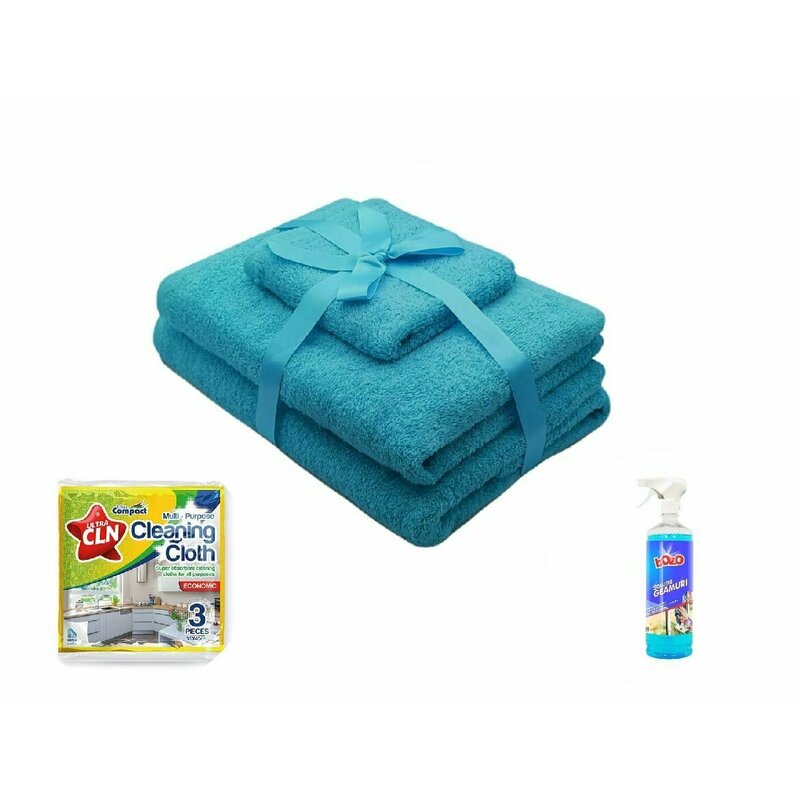 Somnart - pachet promo: 1 set prosoape 3 piese turcoaz + solutie de geamuri 1 kg + set lavete uscate universale