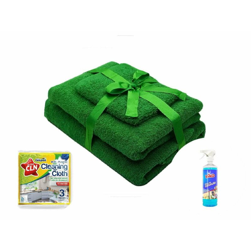 Somnart - pachet promo: 1 set prosoape 3 piese verde + solutie de geamuri 1 kg + set lavete uscate universale