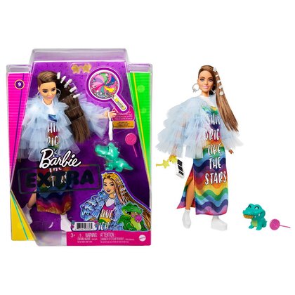 Mattel - Papusa Barbie , Extra style,  Cu rochie curcubeu, Multicolor