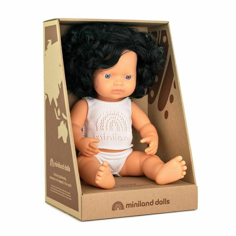 Miniland - papusa educativa 38 cm fetita caucaziana cu par negru si ondulat