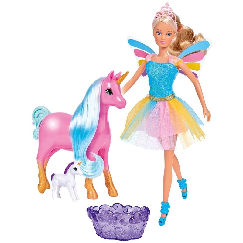 Simba - papusa steffi love welcome unicorn 29 cm cu 2 figurine si cadita