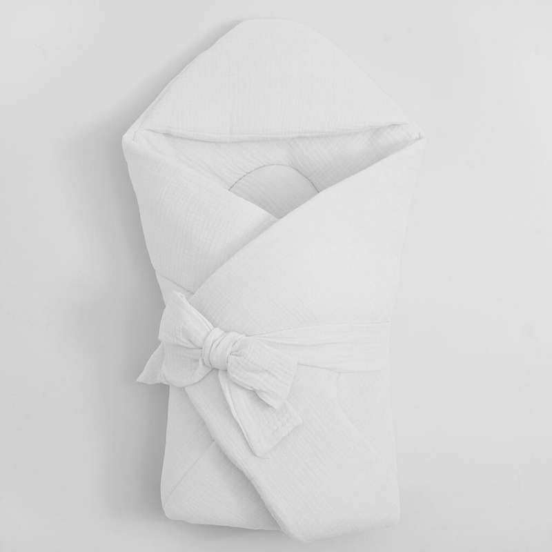 Paturica de infasat cu gluga, cu multiple utilizari, cu inchidere cu panglica cu fundita, dimensiune 75x75 cm, din muselina, din materiale certificate oeko tex standard 100, new baby, white
