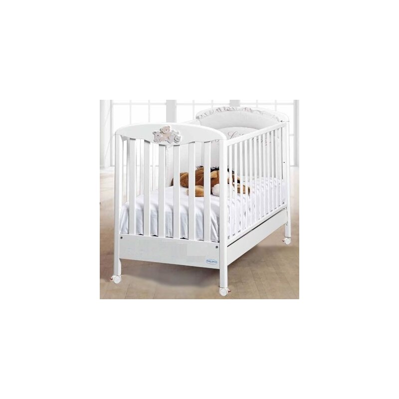 Raffaello design made in italy - patut bebe din lemn masiv, cu sertar, roti, laterale culisabile si inaltime reglabila a saltelei, little baby alb, 127x63 cm