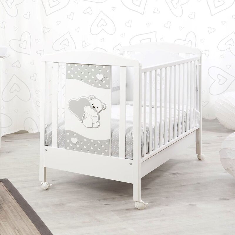 Raffaello design made in italy - patut bebe din lemn masiv, cu sertar, roti, laterale culisabile si inaltime reglabila a saltelei, tenerino, 127x63 cm
