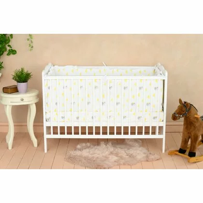 Patut din lemn bebe, 120x60 cm, Cu sina speciala pentru dentitie, Multifunctional, EN716-1, EN716-2, Alb, Qmini, Julia + Saltea 12 cm