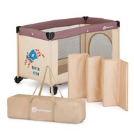 Patut pliant, Petite&Mars, Koot, 120 x 60 cm, Cu roti, Functie de tarc, Pliere compacta, Include geanta de transport, Intrare laterala cu fermoar, Pereti din plasa, Pana la 15 kg, 0-30 luni, Maro