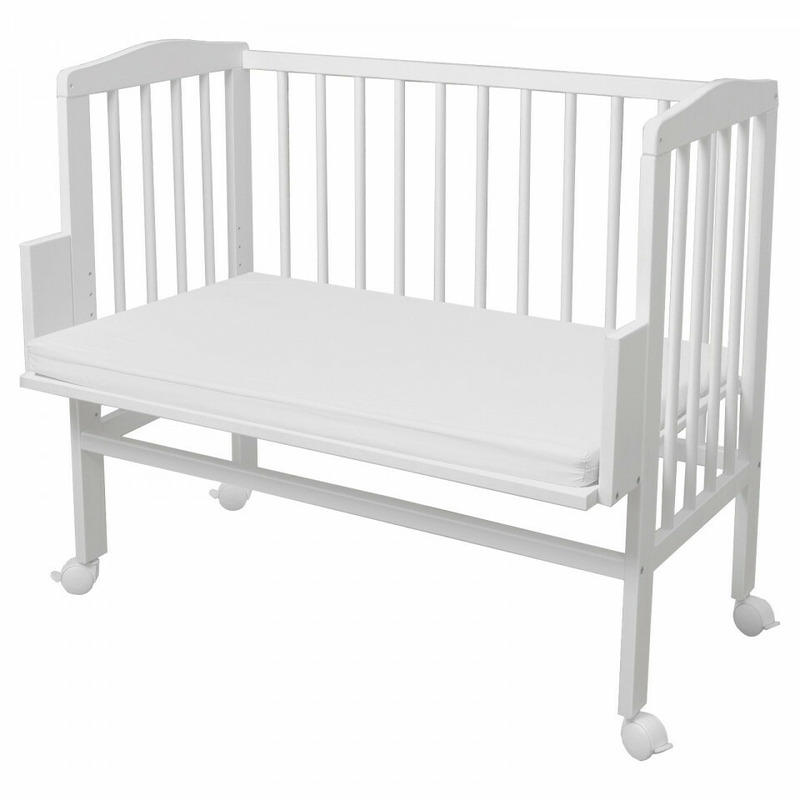 Patut suplimentar 2in1 pentru copii, waldin, 90 cm x 55 cm, lemn de fag, vopsea certificata, roti blocabile, laterala detasabila, co-sleeping, saltea inclusa, alb